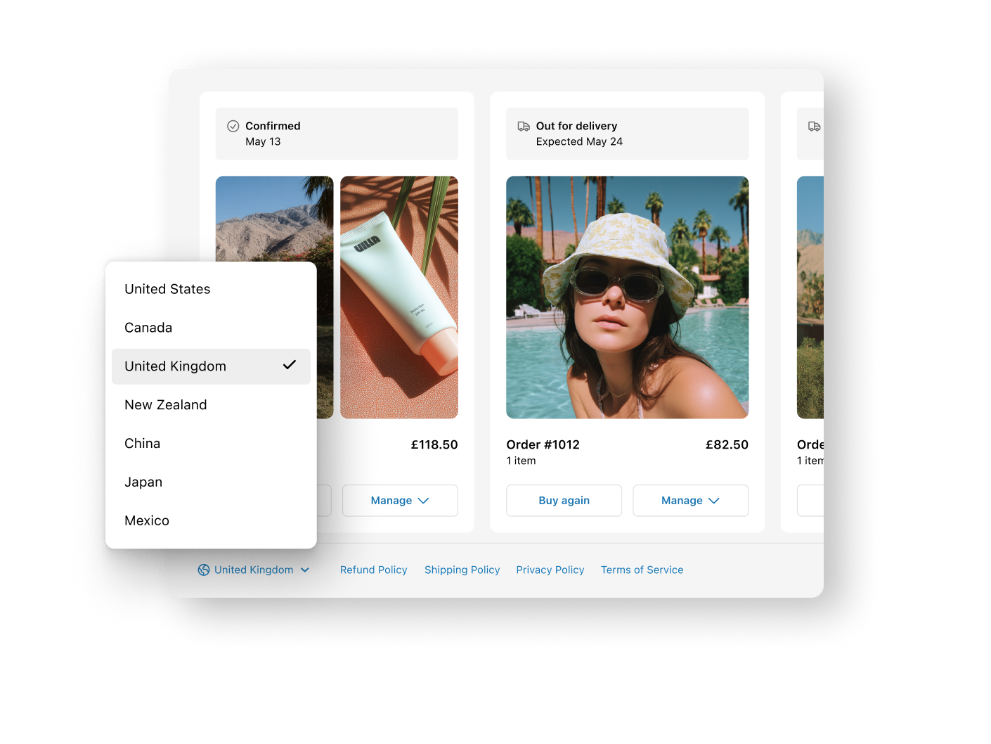 A customer is logged in as being in the United Kingdom, and their orders are shown in Euros